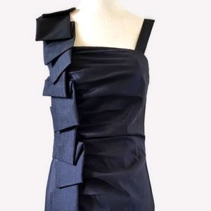 Black Dress Stretch Tafetta One side Wide Ribbon Straps Ruched Waist Straight
